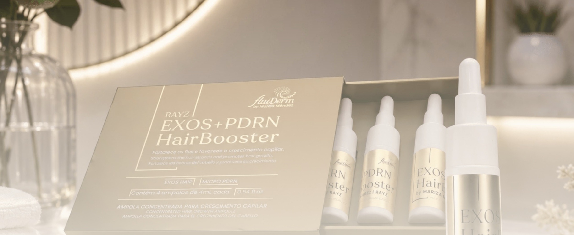 Caixa e ampolas Rayz EXOS+PDRN HairBooster